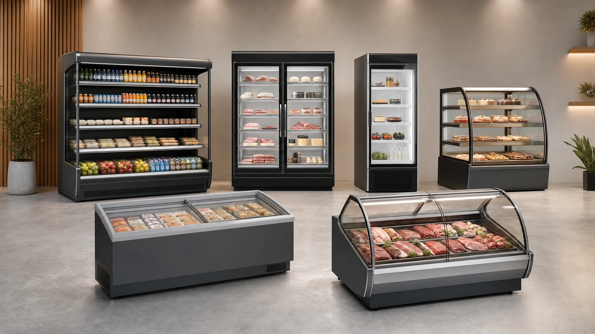 Vitrina refrigerada profissional integrada no interior de uma pastelaria moderna, apresentando superfícies em metal preto elegante e vidro transparente.