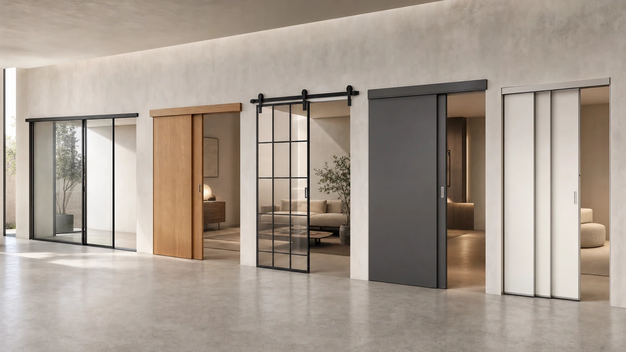 Porta de correr de vidro minimalista instalada num ambiente de escritório moderno em plano aberto, com calhas embutidas no pavimento e caixilharia de alumínio.