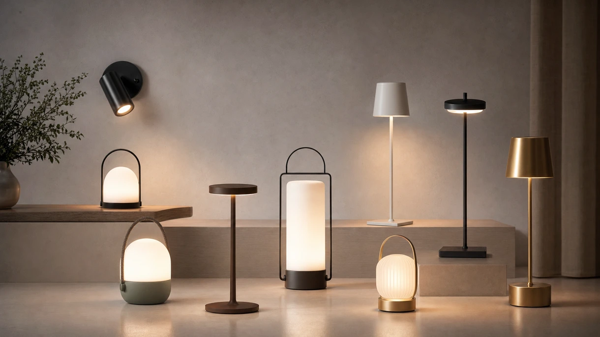 Esplanada de um restaurante profissional com candeeiros de mesa sem fio minimalistas, proporcionando uma iluminação de ambiente quente para os clientes num cenário comercial.