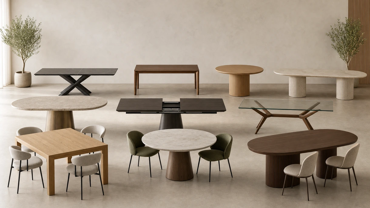 Mesa de jantar retangular moderna num ambiente de restauração profissional minimalista com assentos ergonómicos e design de iluminação arquitetural.