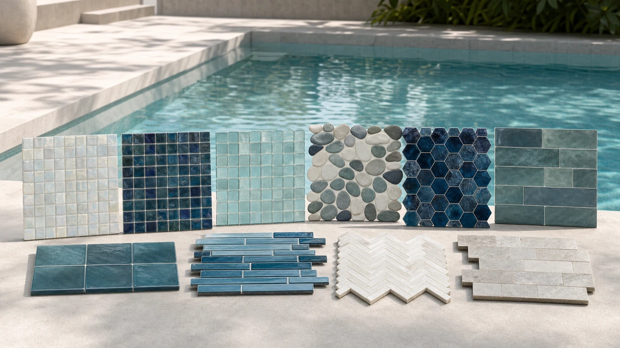 Instalação profissional de piscina infinita com azulejos para piscina em grés porcelânico de grande formato e antiderrapantes num terraço de um resort de luxo.