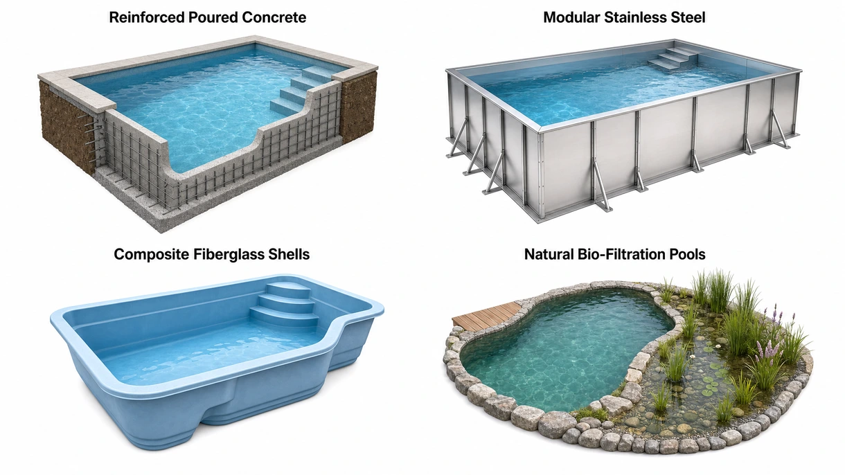 Pormenor técnico de um sistema de filtragem de piscina, incluindo bombas de velocidade variável e unidades de dosagem química automatizadas numa sala técnica.