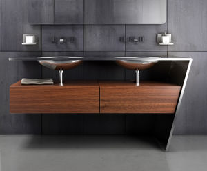 gabinete de banheiro duplo / suspenso / em madeira / em inox