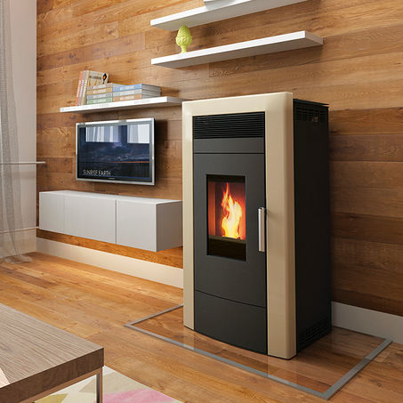 Salamandra com caldeira a pellets - COMMO 21 - Alfa-Plam  a.d. - 20 kW–50 kW / contemporânea / em chapa