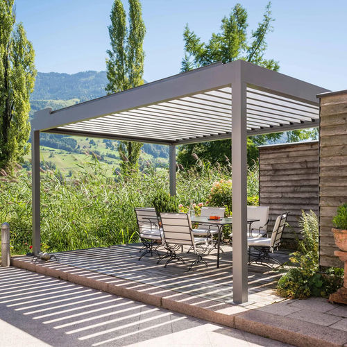Pérgola apoiada em parede - BAVONA HARD-TOP - STOBAG - em alumínio / com lâminas orientáveis / com cobertura em tela