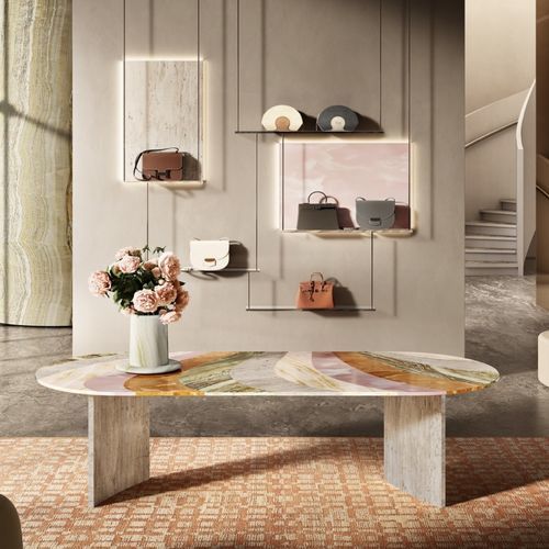 Mesa de jantar contemporânea - MAREA - BUDRI - em mármore travertino / em ônix / com base em mármore