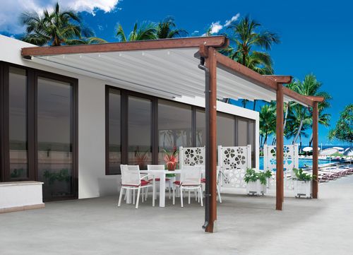 Pérgola apoiada em parede - ONDALEVEL - IL CEPPO - em madeira / com cobertura retrátil em lona PVC / da linha comercial