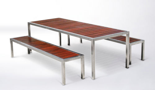 Conjunto de mesa e bancos contemporâneo - ALFRESCO DURASLAT™  - botton & gardiner urban furniture - metálico / em madeira / para ambiente externo