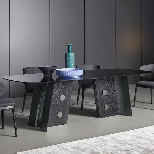 Mesa de jantar contemporânea - Botón - BONALDO - em vidro temperado / em vidro fumê / com base em metal pintado
