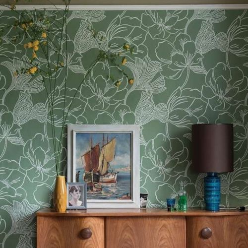 Papel de parede contemporâneo - HELLEBORUS series - Farrow & Ball - com padrão floral / cinza / verde