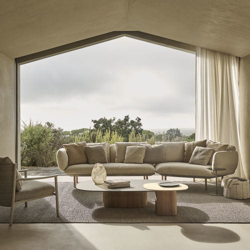 Mesa lateral contemporânea - SEREN - Tribù - em mármore travertino / em cerâmica / com base em teca