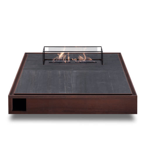 Mesa de centro contemporânea - PYRA - DIMENSIONE CHI WING LO - em vidro temperado / com folheado de madeira / em sucupira