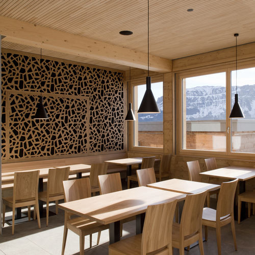 Painel decorativo de parede - MOUNTAIN RESTAURANT PRODALP FLUMS - Bruag Design Factory AG - em compensado / perfurado