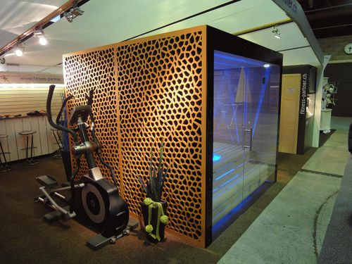 Revestimento de fachada em painéis - SAUNA OLMA - Bruag Design Factory AG - em fibra de madeira / perfurado / decorativo