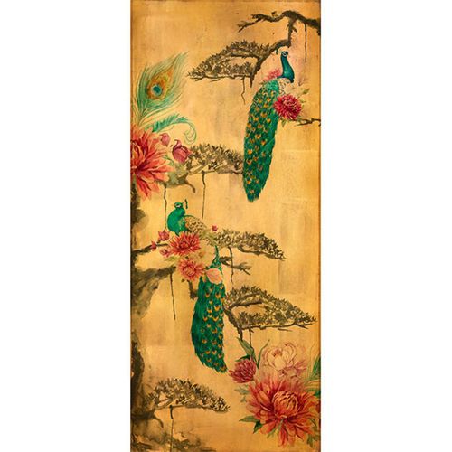 Papel de parede contemporâneo - PARADISE GOLD PEACOCKS - Neodko - em tecido não tecido / com natureza / com padrão floral