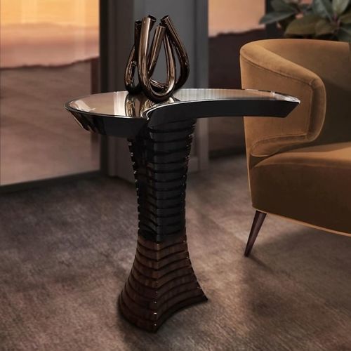 Mesa lateral contemporânea - VOLUTE - Malabar - em vidro / em ferro / com base em madeira laqueada brilhante