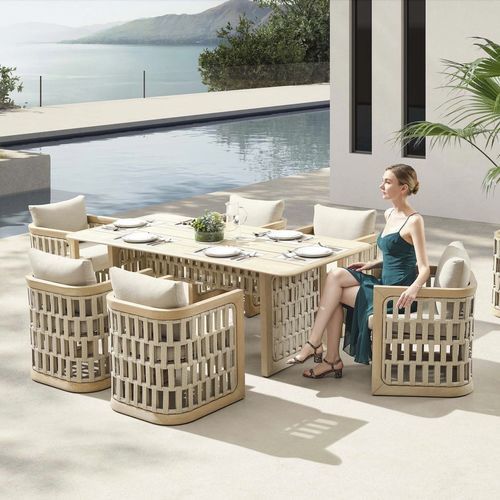 Conjunto de mesa e cadeiras contemporâneo - RIVA - Higold - para ambiente externo / em Sunbrella® / em teca