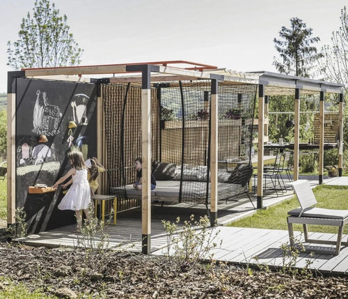 Pérgola sob medida - Y - egoé - em madeira / com cobertura em tela / com cobertura de madeira