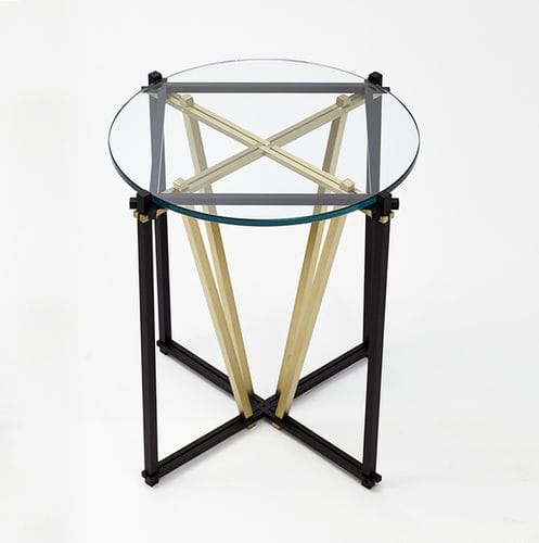Mesa lateral contemporânea - TENSEGRITY - Gabriel Scott - em vidro temperado / em aço / redonda
