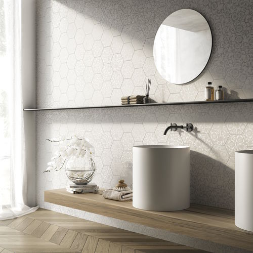 Revestimento hexagonal em cerâmica - EXA16 W300 BIANCO FLORA SILVER - AcquarioDue - brilhante / com relevo / para ambiente interno