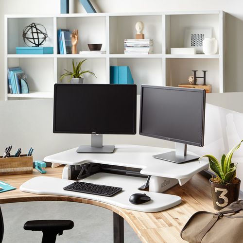 Mesa secretária contemporânea - CUBE CORNER 36™ WHITE - VARIDESK - metálica / de canto / com regulagem de altura
