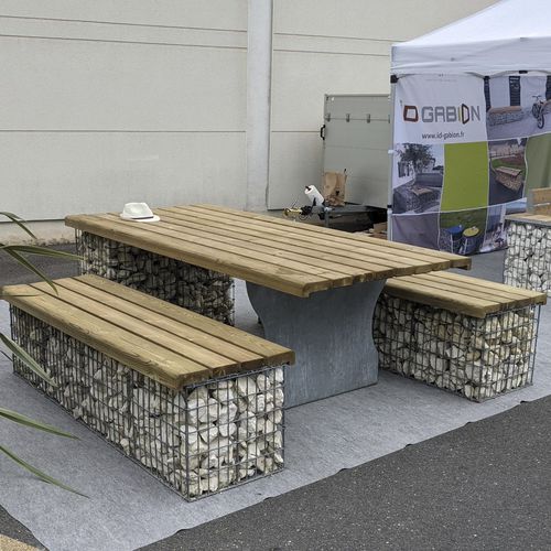 Mesa de piquenique contemporânea - MAGNUM - ID GABION - L'AGENCE URBAINE - em madeira / em pedra / com base em aço galvanizado