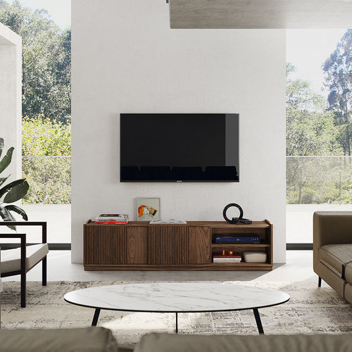 Rack de TV contemporâneo - Jazz - Mobenia - com prateleiras / com 2 portas / em MDF laqueado