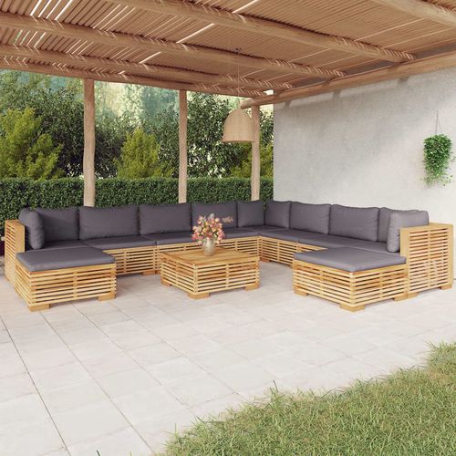 Conjunto de jardim contemporâneo - vidaXL 11-tlg : 3100884 - desayo - em madeira maciça / em teca / em tecido