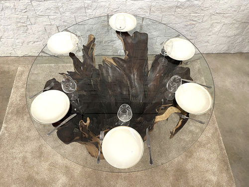 Mesa de jantar contemporânea - TAUMEN81 - ARRELART - em cristal / com base em madeira maciça / redonda