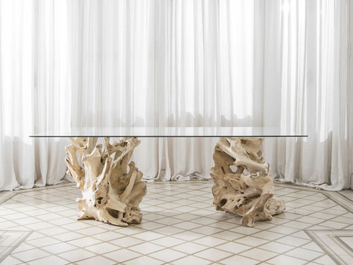 Mesa de jantar de design orgânico - NORAH - ARRELART - em vidro / com base em teca / retangular