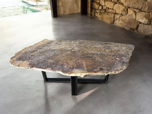 Mesa de centro contemporânea - QUEEN - ARRELART - em madeira fossilizada / com base em aço inoxidável / feita à mão