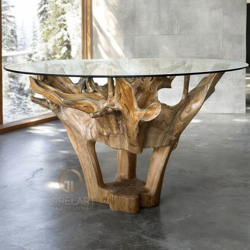 Mesa de jantar contemporânea - HAVANA - ARRELART - em vidro / com base em teca / redonda