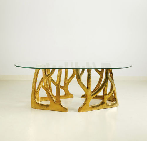 Mesa de centro de design original - GALAXY - MASAYA - em vidro / com base em latão polido / oval