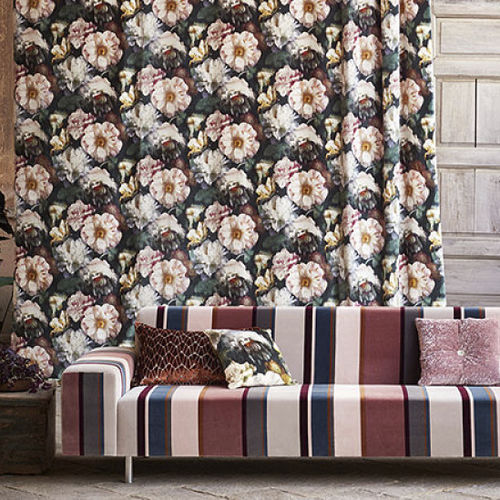 Tecido para estofados - HERBARIA - BLACK EDITION - para cortinas / com padrão floral / em algodão