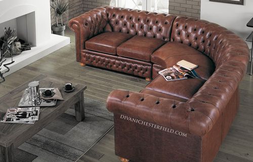 Sofá de canto - Harleq - Chesterfield / em couro / marrom