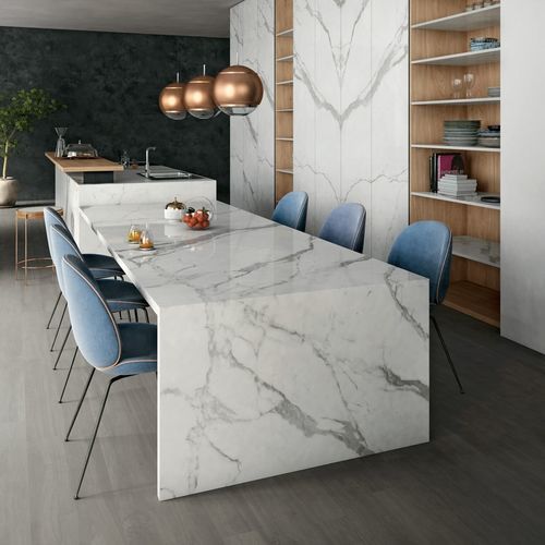 Tampo de mesa em grés porcelanato - CLASSIC STATUARIO  - Infinity surfaces - antimanchas / resistente / cinza