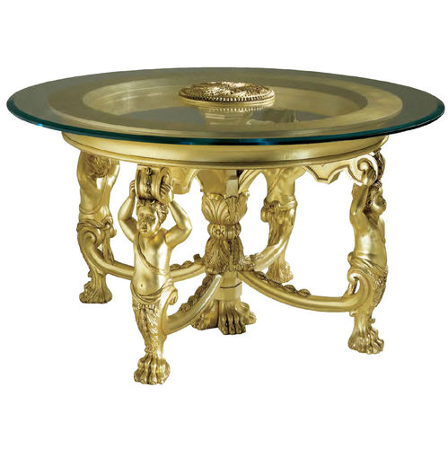Mesa Luís XIV - Henryot & Cie - em vidro / com base metálica / redonda