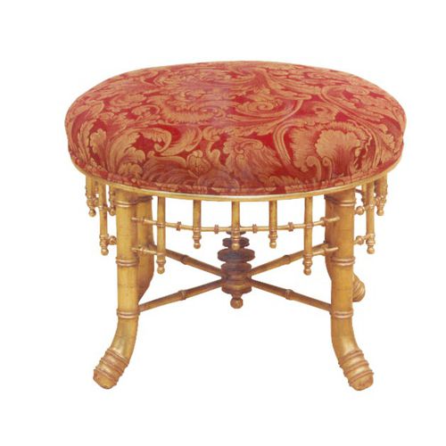 Banqueta de estilo Napoleão III - Henryot & Cie - com base em madeira / estofada / vermelha