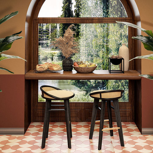 Banqueta alta contemporânea - Brummell - WOOD TAILORS CLUB - em algodão / em nogueira / em ratã