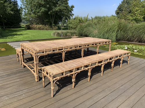 Conjunto de mesa e bancos contemporâneo - RATTAN TABLE AND BENCH 300 - Defleure Home Collection - em ratã / para ambiente externo / para ambiente interno