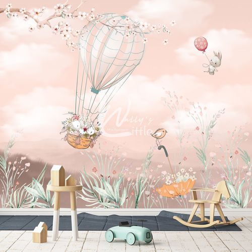Papel de parede contemporâneo - BALLOONS BUNNY  - Wally's - motivo infantil / verde / bege