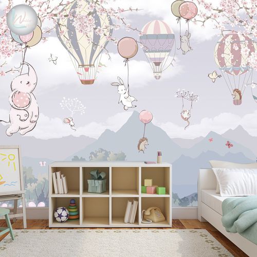 Papel de parede contemporâneo - BLOSSOM ANIMALS  - Wally's - motivo infantil / cinza / rosa