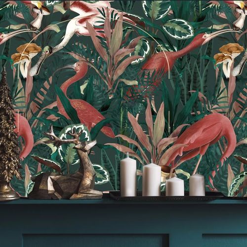 Papel de parede contemporâneo - BURGUNDY BIRDY  - Wally's - com natureza / verde / vermelho
