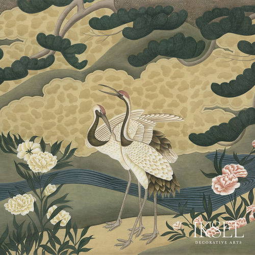 Papel de parede contemporâneo - SC106 Japanese Cranes Original - Iksel Decorative Arts - com natureza / floral / panorâmico