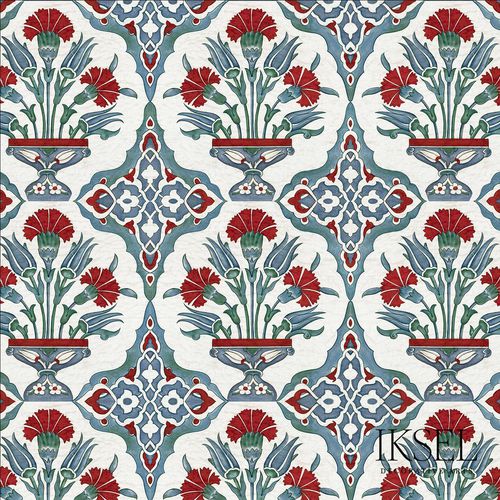 Papel de parede clássico - RW108 IZNIK CARNATION BOUQUET - Iksel Decorative Arts - em fibra de vidro / vinílico / com padrão geométrico