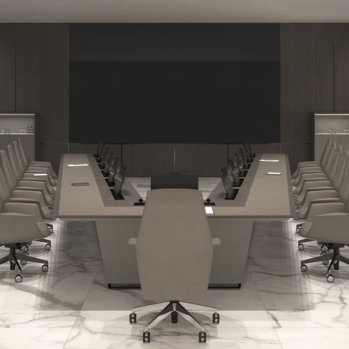 Mesa de conferências contemporânea - VERVE - Turadi - com folheado de madeira / em bronze / em couro