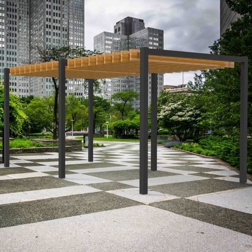 Pérgola em alumínio - PERG URBAN - Veco Urban Design - em aço inoxidável / com lâminas quebra-sol / com cobertura de madeira