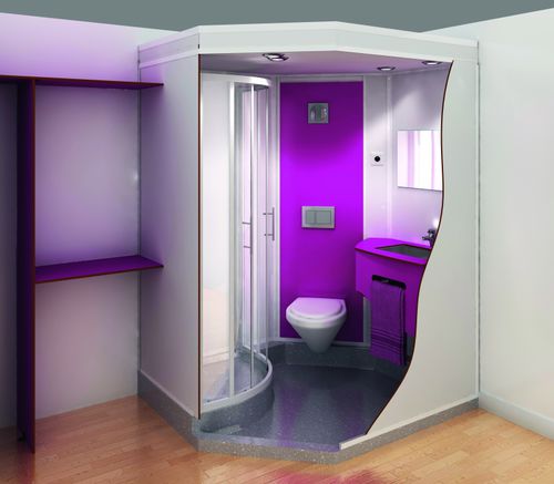 Cabine de banho laminada - COMPAX - SANITEC - PAREO - com porta de abrir / curva / para banheiro coletivo