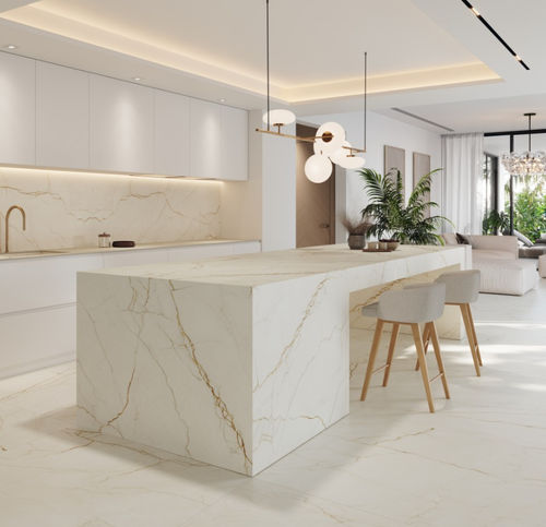 Tampo de bancada em grés porcelanato - BALANCE - GRESPANIA CERAMICA - branco / dourado / liso