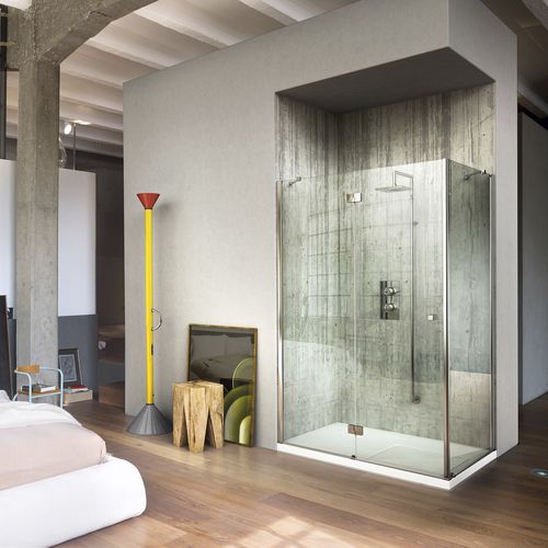 Cabine de banho em vidro - SINTESI : SA+SF  - VISMARAVETRO - com porta pivotante / de canto / vidro transparente